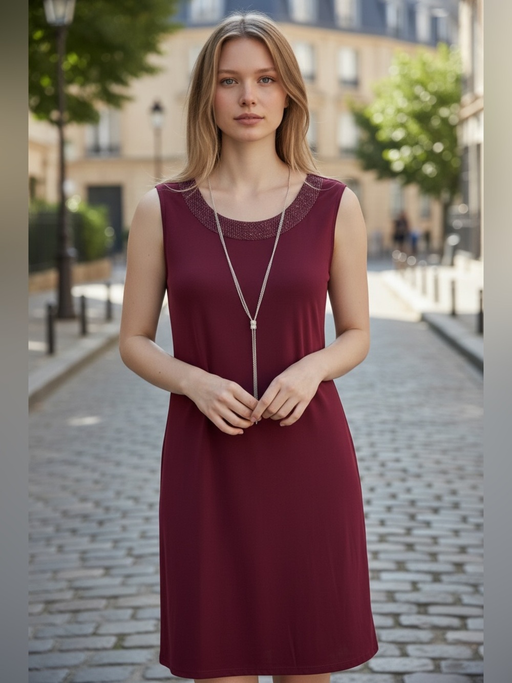 R and M Richard’s Sleeveless Mini Dress in Wine with Beaded Neckline